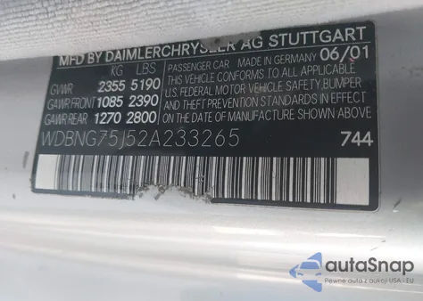 2002 Mercedes-Benz S 500 z USA, uszkodzony, nr VIN WDBNG75J52A233265